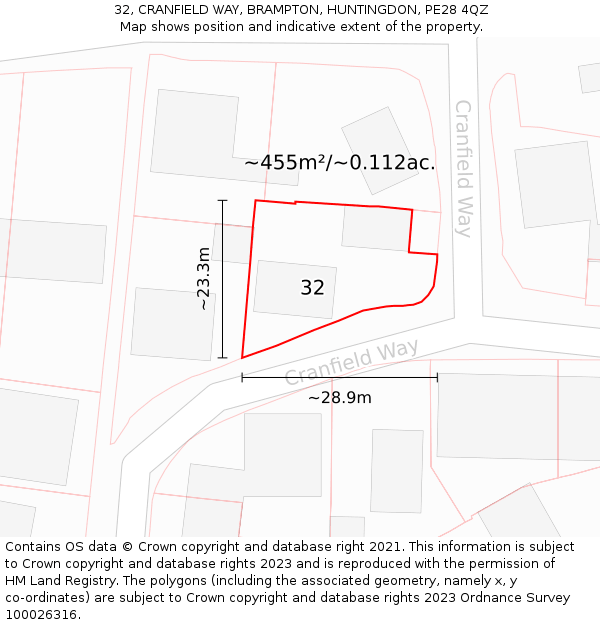 32, CRANFIELD WAY, BRAMPTON, HUNTINGDON, PE28 4QZ: Plot and title map