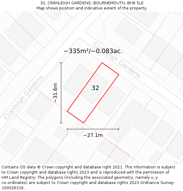 32, CRANLEIGH GARDENS, BOURNEMOUTH, BH6 5LE: Plot and title map