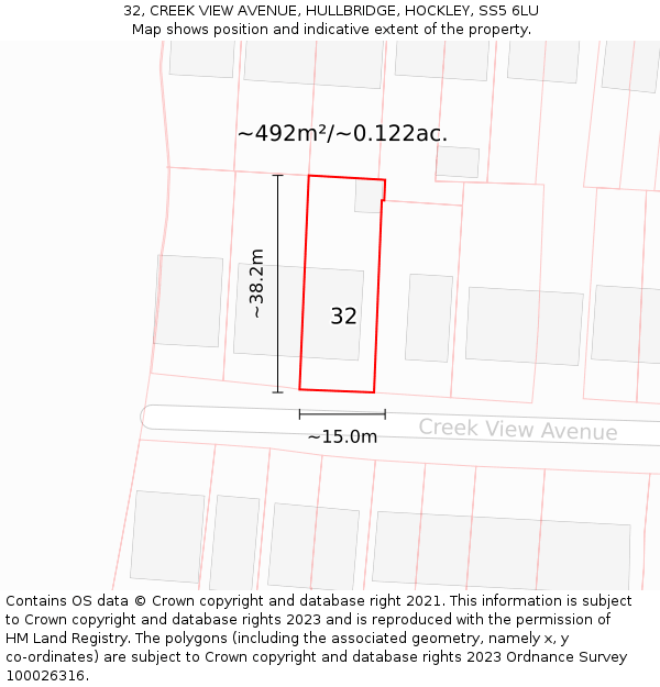 32, CREEK VIEW AVENUE, HULLBRIDGE, HOCKLEY, SS5 6LU: Plot and title map