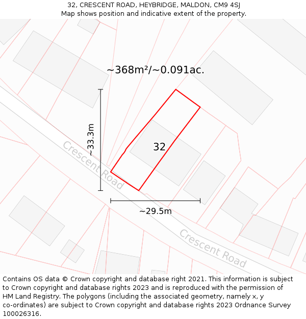 32, CRESCENT ROAD, HEYBRIDGE, MALDON, CM9 4SJ: Plot and title map