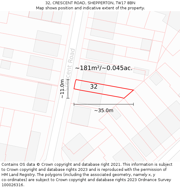 32, CRESCENT ROAD, SHEPPERTON, TW17 8BN: Plot and title map