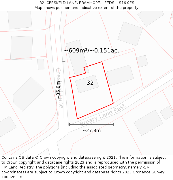 32, CRESKELD LANE, BRAMHOPE, LEEDS, LS16 9ES: Plot and title map