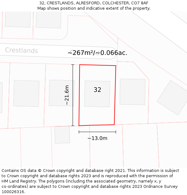 32, CRESTLANDS, ALRESFORD, COLCHESTER, CO7 8AF: Plot and title map
