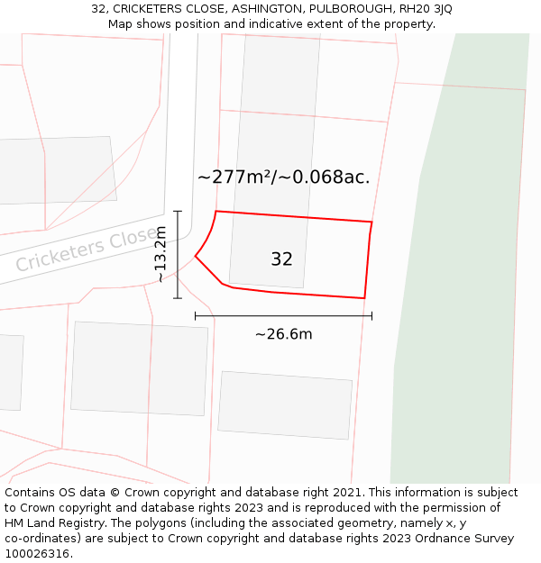 32, CRICKETERS CLOSE, ASHINGTON, PULBOROUGH, RH20 3JQ: Plot and title map