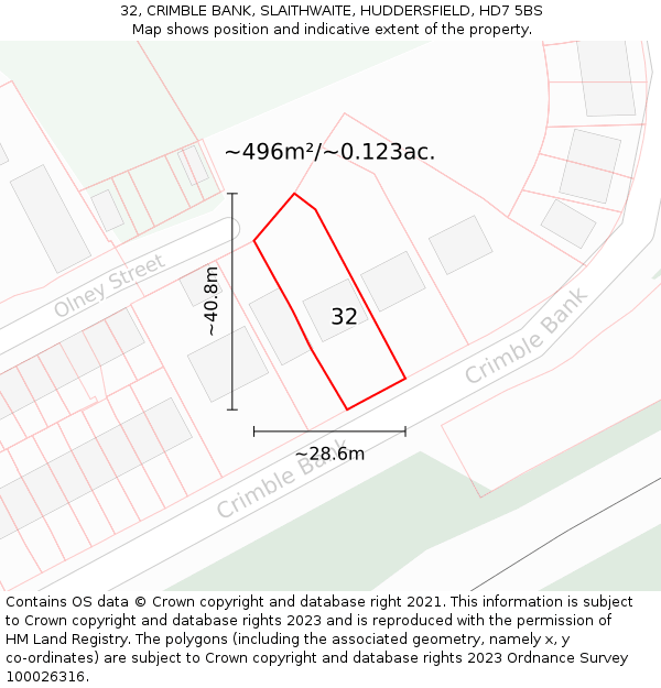 32, CRIMBLE BANK, SLAITHWAITE, HUDDERSFIELD, HD7 5BS: Plot and title map