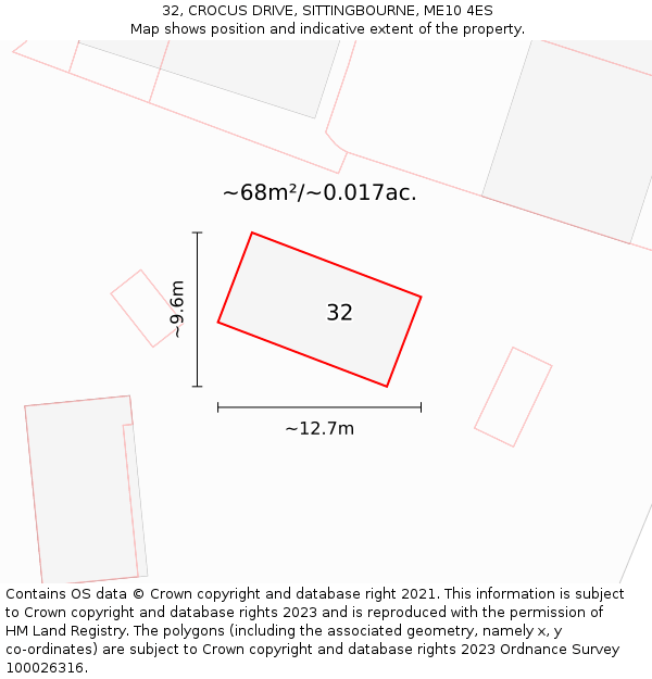 32, CROCUS DRIVE, SITTINGBOURNE, ME10 4ES: Plot and title map
