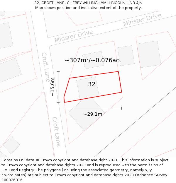 32, CROFT LANE, CHERRY WILLINGHAM, LINCOLN, LN3 4JN: Plot and title map