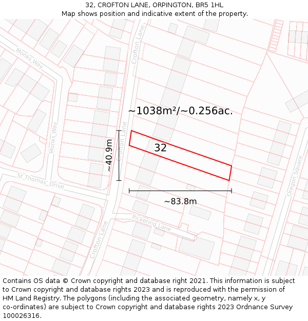 32, CROFTON LANE, ORPINGTON, BR5 1HL: Plot and title map