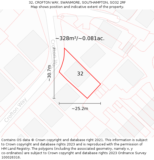 32, CROFTON WAY, SWANMORE, SOUTHAMPTON, SO32 2RF: Plot and title map