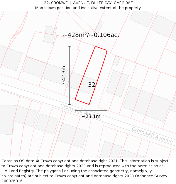 32, CROMWELL AVENUE, BILLERICAY, CM12 0AE: Plot and title map