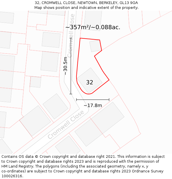 32, CROMWELL CLOSE, NEWTOWN, BERKELEY, GL13 9GA: Plot and title map
