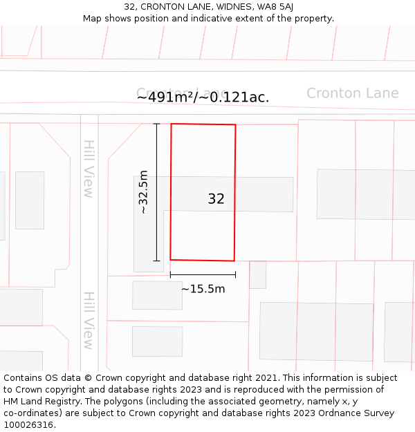 32, CRONTON LANE, WIDNES, WA8 5AJ: Plot and title map