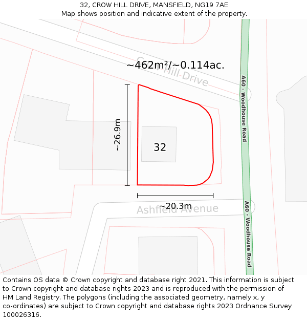 32, CROW HILL DRIVE, MANSFIELD, NG19 7AE: Plot and title map