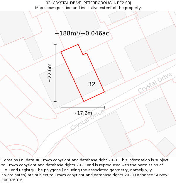 32, CRYSTAL DRIVE, PETERBOROUGH, PE2 9RJ: Plot and title map