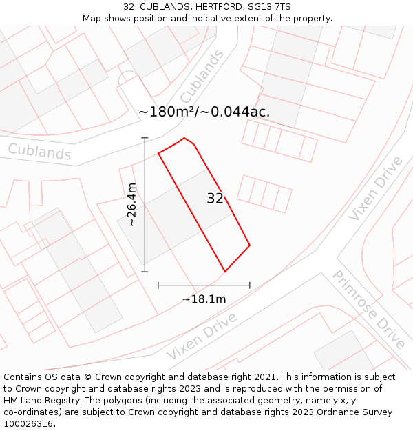 32, CUBLANDS, HERTFORD, SG13 7TS: Plot and title map