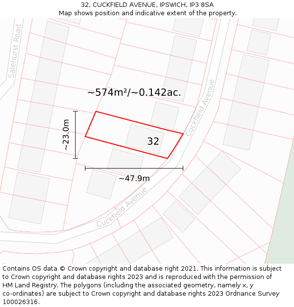 32, CUCKFIELD AVENUE, IPSWICH, IP3 8SA: Plot and title map