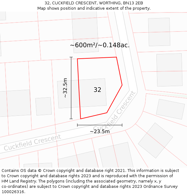 32, CUCKFIELD CRESCENT, WORTHING, BN13 2EB: Plot and title map