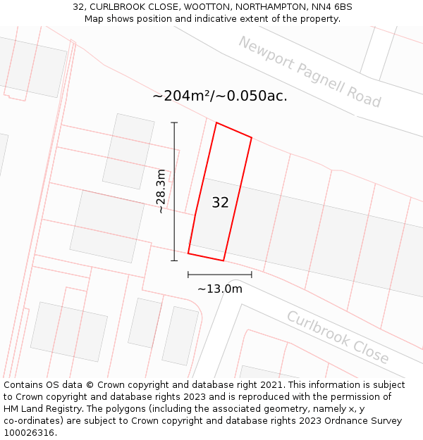 32, CURLBROOK CLOSE, WOOTTON, NORTHAMPTON, NN4 6BS: Plot and title map