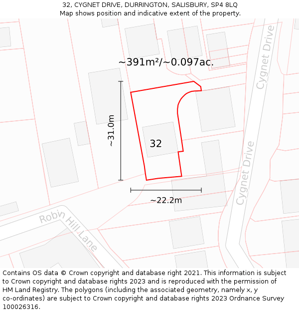 32, CYGNET DRIVE, DURRINGTON, SALISBURY, SP4 8LQ: Plot and title map