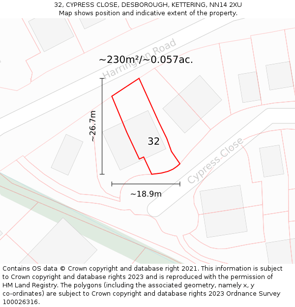 32, CYPRESS CLOSE, DESBOROUGH, KETTERING, NN14 2XU: Plot and title map