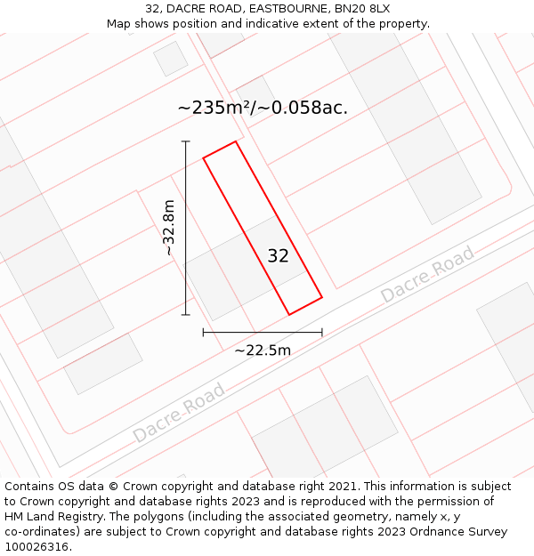 32, DACRE ROAD, EASTBOURNE, BN20 8LX: Plot and title map