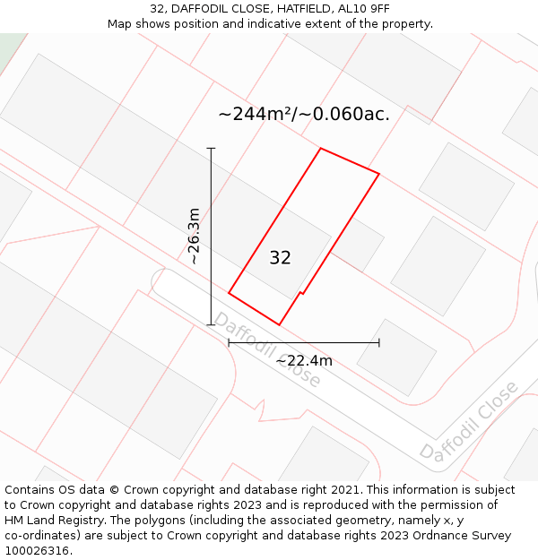 32, DAFFODIL CLOSE, HATFIELD, AL10 9FF: Plot and title map