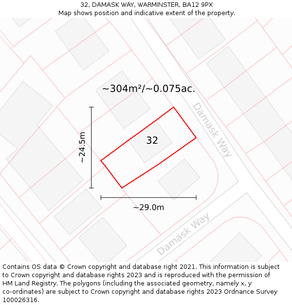 32, DAMASK WAY, WARMINSTER, BA12 9PX: Plot and title map
