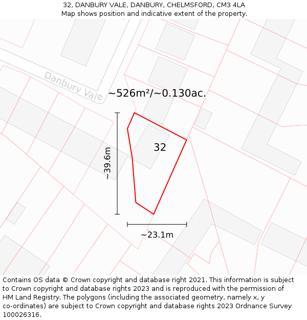 32, DANBURY VALE, DANBURY, CHELMSFORD, CM3 4LA: Plot and title map