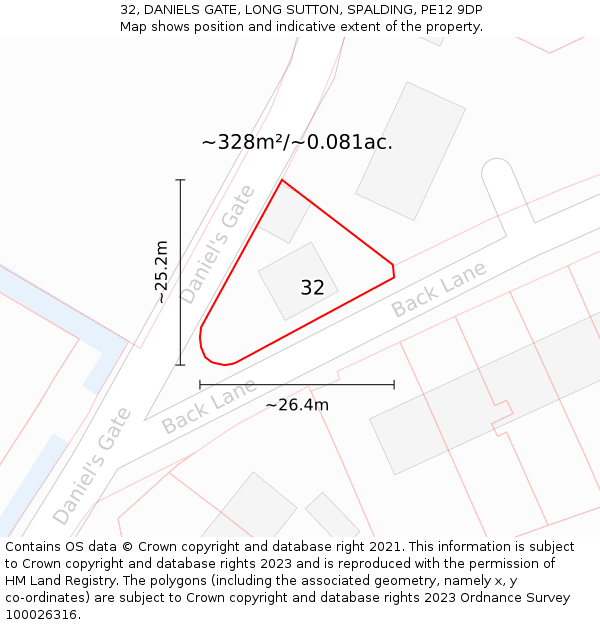 32, DANIELS GATE, LONG SUTTON, SPALDING, PE12 9DP: Plot and title map
