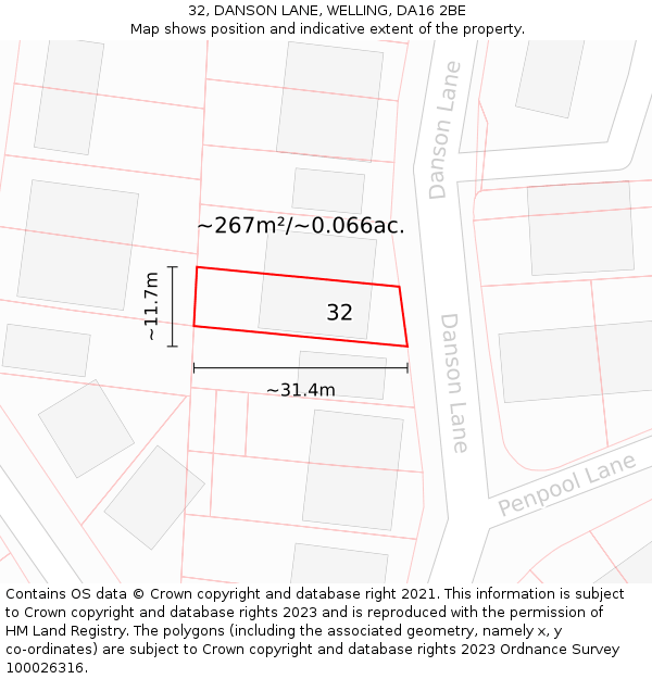 32, DANSON LANE, WELLING, DA16 2BE: Plot and title map