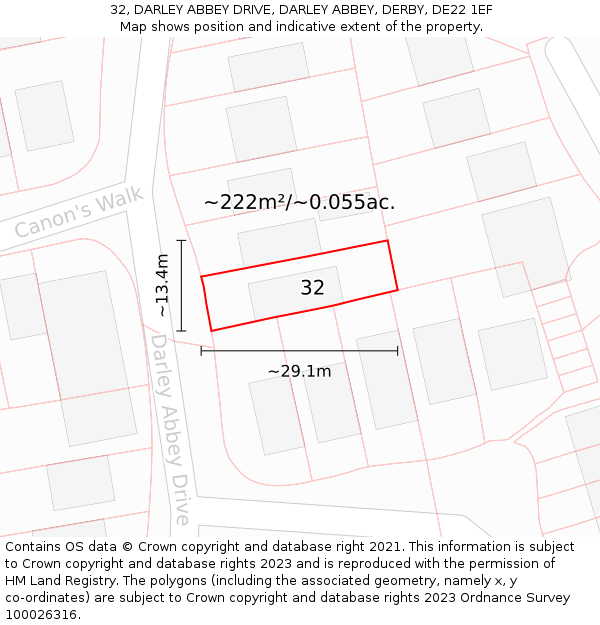 32, DARLEY ABBEY DRIVE, DARLEY ABBEY, DERBY, DE22 1EF: Plot and title map
