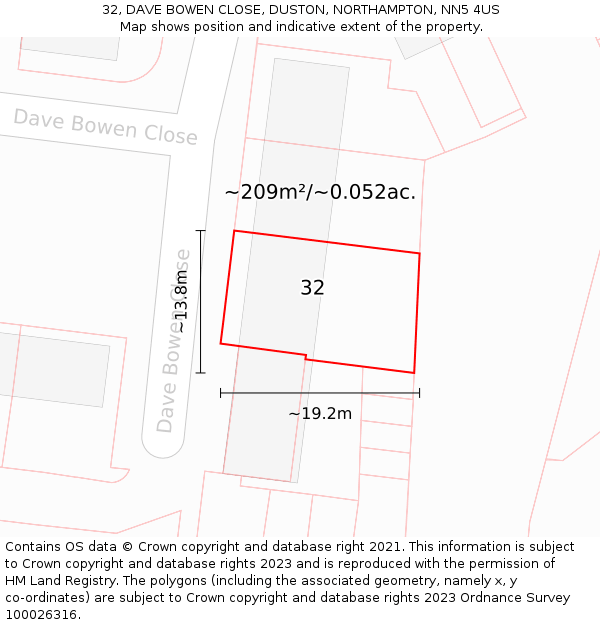 32, DAVE BOWEN CLOSE, DUSTON, NORTHAMPTON, NN5 4US: Plot and title map