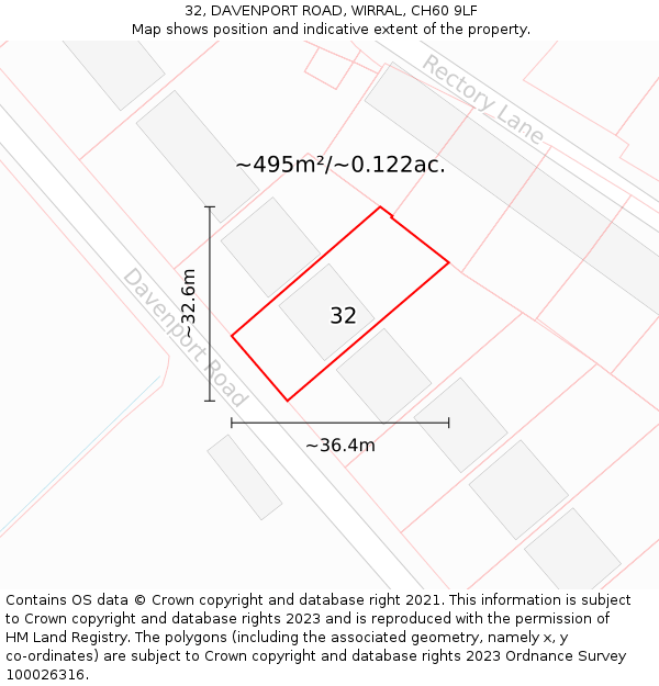 32, DAVENPORT ROAD, WIRRAL, CH60 9LF: Plot and title map