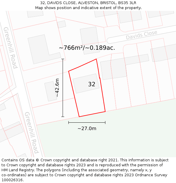 32, DAVIDS CLOSE, ALVESTON, BRISTOL, BS35 3LR: Plot and title map