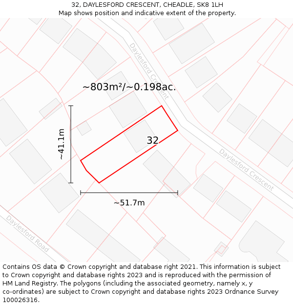 32, DAYLESFORD CRESCENT, CHEADLE, SK8 1LH: Plot and title map