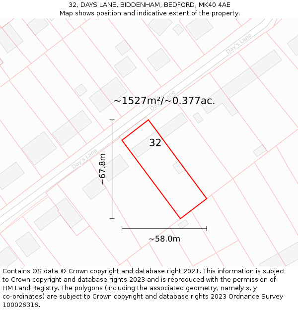 32, DAYS LANE, BIDDENHAM, BEDFORD, MK40 4AE: Plot and title map