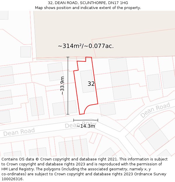 32, DEAN ROAD, SCUNTHORPE, DN17 1HG: Plot and title map