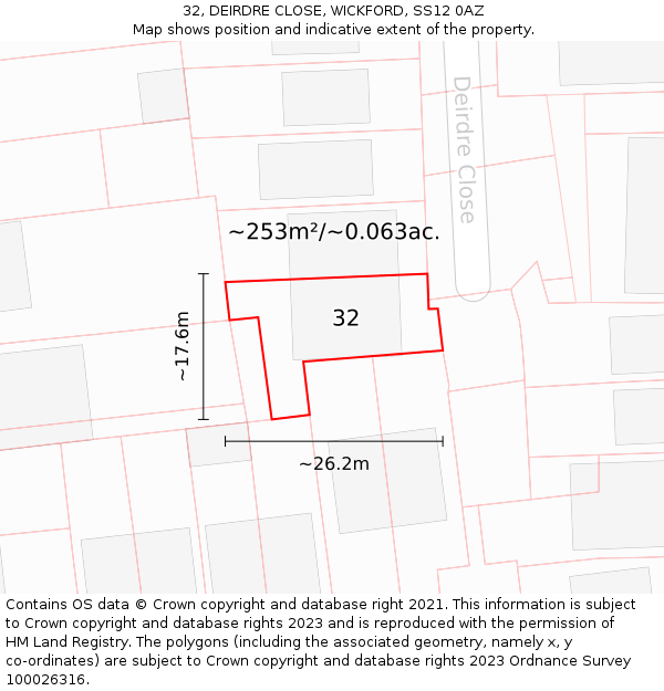 32, DEIRDRE CLOSE, WICKFORD, SS12 0AZ: Plot and title map