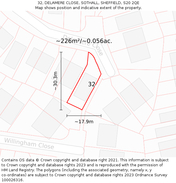32, DELAMERE CLOSE, SOTHALL, SHEFFIELD, S20 2QE: Plot and title map