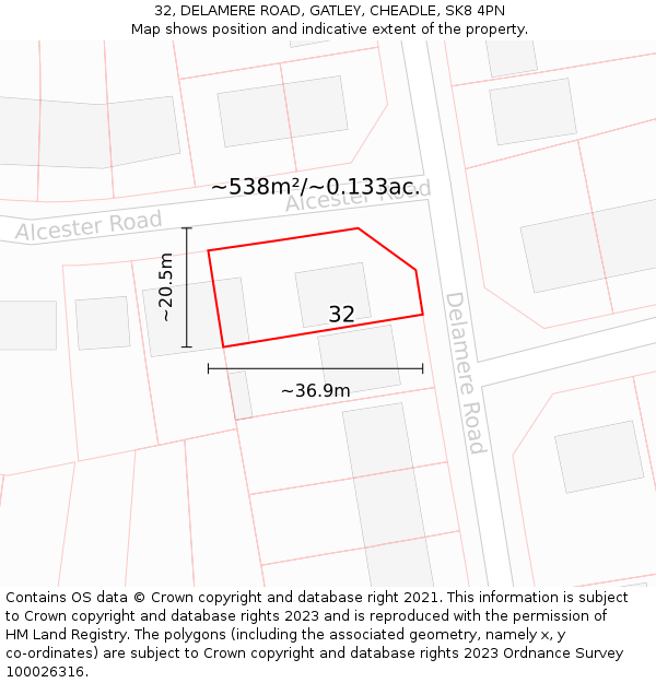 32, DELAMERE ROAD, GATLEY, CHEADLE, SK8 4PN: Plot and title map