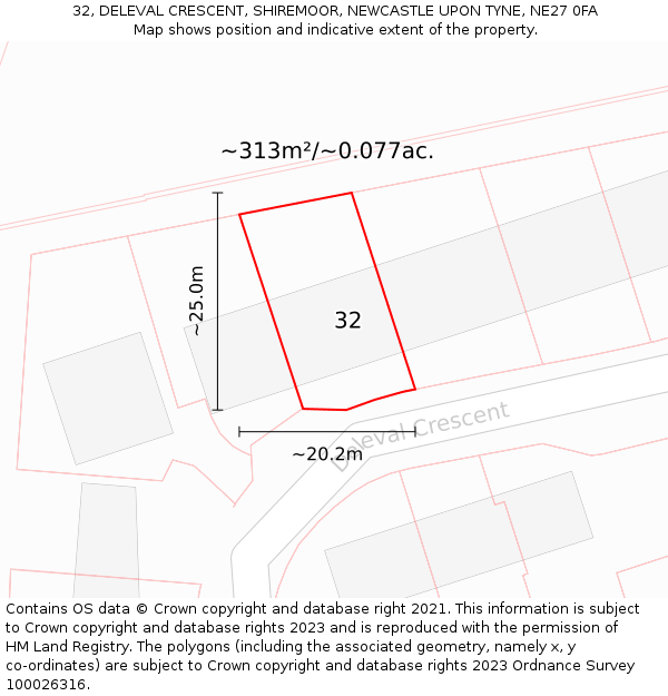 32, DELEVAL CRESCENT, SHIREMOOR, NEWCASTLE UPON TYNE, NE27 0FA: Plot and title map