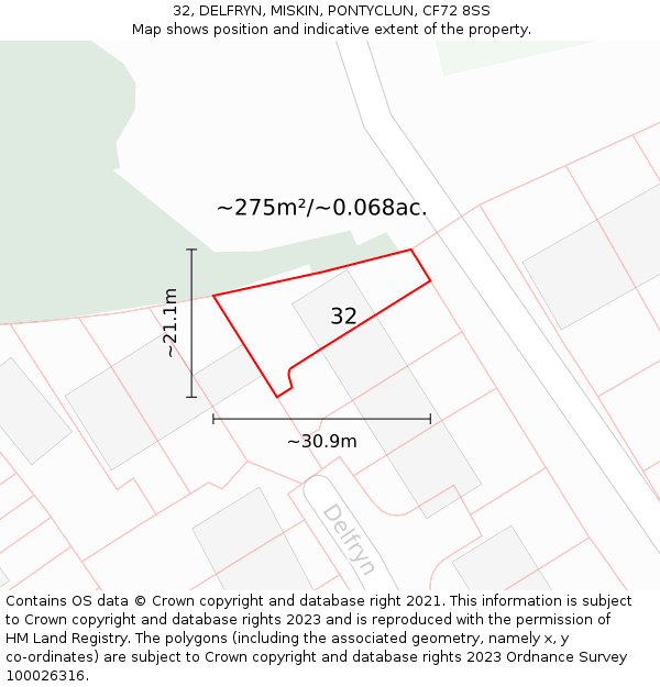 32, DELFRYN, MISKIN, PONTYCLUN, CF72 8SS: Plot and title map