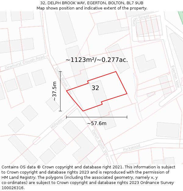32, DELPH BROOK WAY, EGERTON, BOLTON, BL7 9UB: Plot and title map