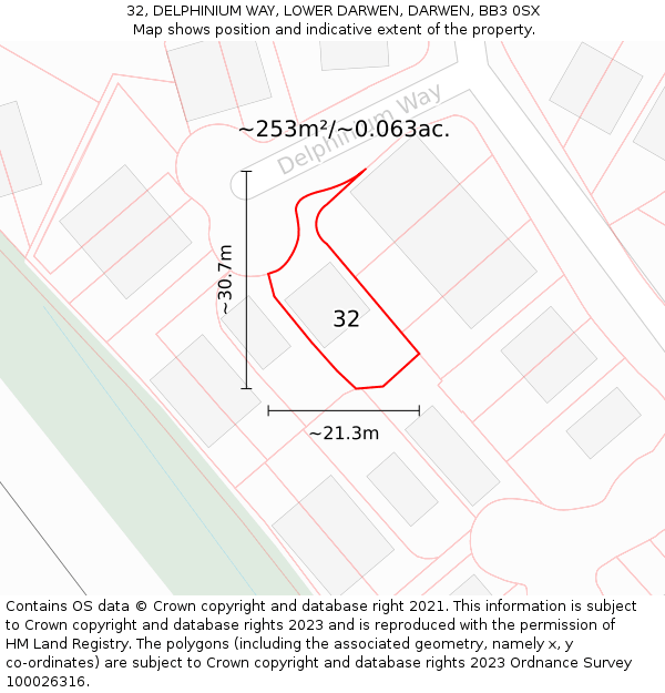 32, DELPHINIUM WAY, LOWER DARWEN, DARWEN, BB3 0SX: Plot and title map