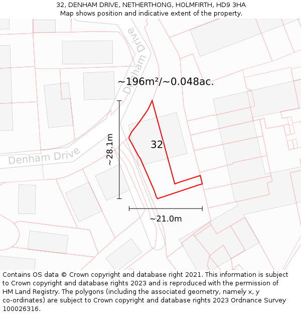 32, DENHAM DRIVE, NETHERTHONG, HOLMFIRTH, HD9 3HA: Plot and title map