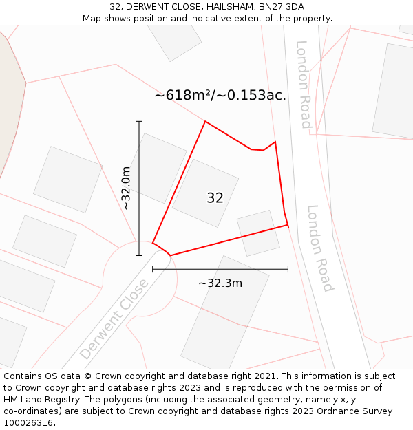 32, DERWENT CLOSE, HAILSHAM, BN27 3DA: Plot and title map