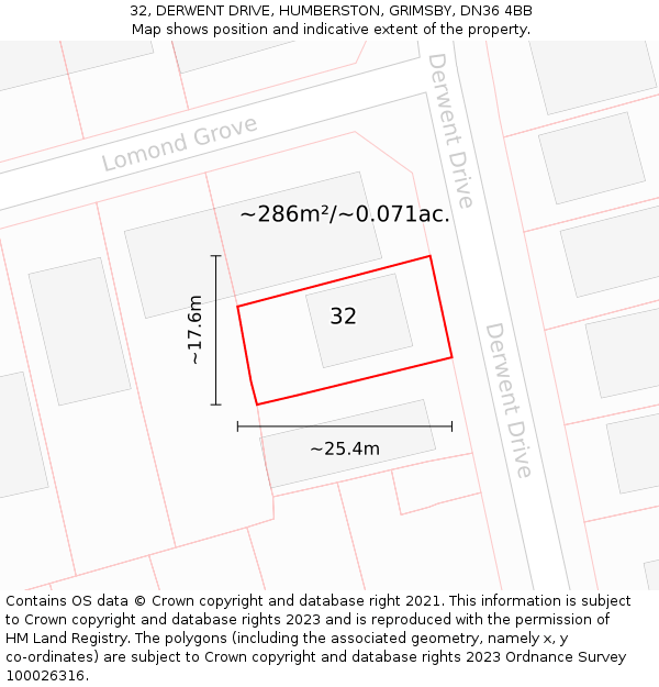 32, DERWENT DRIVE, HUMBERSTON, GRIMSBY, DN36 4BB: Plot and title map