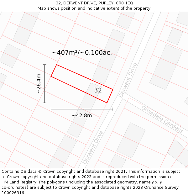 32, DERWENT DRIVE, PURLEY, CR8 1EQ: Plot and title map