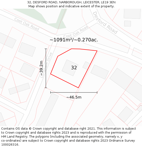 32, DESFORD ROAD, NARBOROUGH, LEICESTER, LE19 3EN: Plot and title map