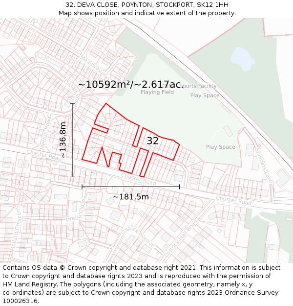 32, DEVA CLOSE, POYNTON, STOCKPORT, SK12 1HH: Plot and title map